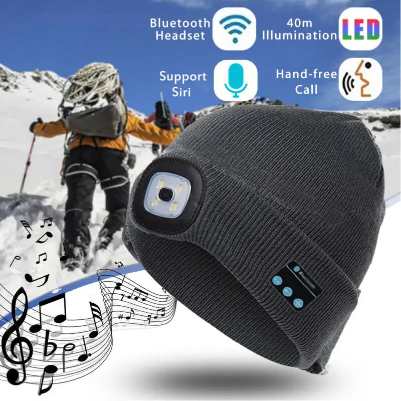 Winter Beanie Hat Wireless 5.0 Smart Cap Headset With 4 LED Light Handfree Music Headphone Warm cable Knitted