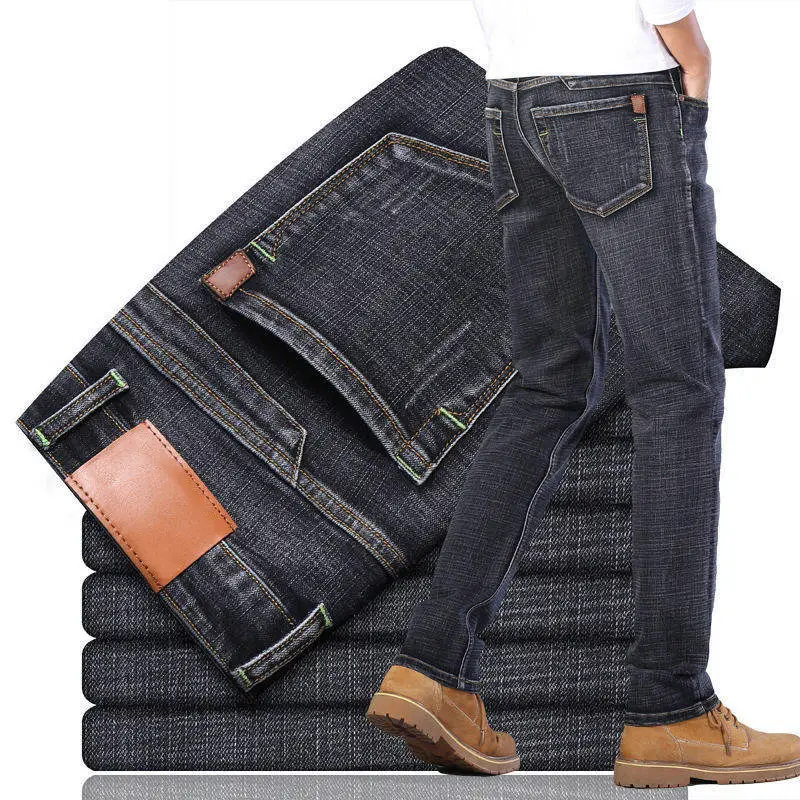 Celana jins ukuran plus untuk pria dan wanita, celana jeans bisnis lurus kasual elastis ukuran plus untuk pria dan wanita