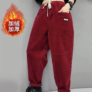 Corduroy Harem Pants Thickened Fleece Lined High Waist Loose Fit Women's Casual Winter Pants With Pocket Windproof - Product Image 1