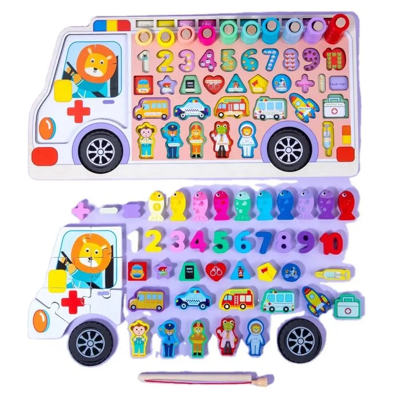 New Arrival Baby Wooden Bus Ambulance Building Block Puzzle Board Magnetic Fishing Game Montessori Educational Toys For Kids