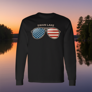 T-shirt a maniche lunghe Swan Lake con bandiera USA e occhiali da sole, design unisex per adulti, girocollo, stampa digitale, abbigliamento promozionale - Product Image 2