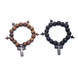 Dreamwork moda religiosa hombres mujeres pulseras cruzadas 10mm pulsera de cuentas de madera pulsera elástica brazalete mano cadena regalos - Product Image 1