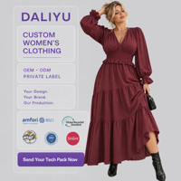Robe longue femme style bohème chic à col en V, manches évasées, taille smockée et volants étagés - Couleur de tissu personnalisable, marque privée, vente en gros