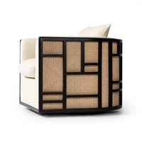 Fauteuil pivotant moderne et minimaliste en tissu beige, ensemble design avec cadre noir, durable, pour salon de luxe et projets de villas