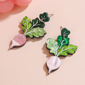 Nouvelles boucles d'oreilles Cenda faites à la main, en acrylique, avec feuilles de <span class=keywords><strong>lupin</strong></span> vertes, carottes roses, fruits mignons et radis, serties en clos - Product Image 4