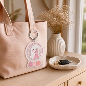 Porte-clés personnalisé en ruban <span class=keywords><strong>rose</strong></span> fantôme en acrylique avec inscription OCTOBER WE WEAR PINK, pour la sensibilisation au cancer du <span class=keywords><strong>sein</strong></span> et Halloween - Product Image 5