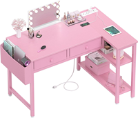 Bureau d'ordinateur d'angle rose pour filles avec tiroirs de rangement, prise électrique, bureau d'étude compact pour chambre à coucher