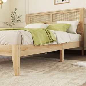 Lit en rotin et bois massif, style nordique moderne minimaliste, lit plateforme double, couleur jaune clair, structure assemblable - Product Image 3