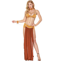 Ensemble de costume tissé à thème exotique, comprenant un haut de soutien-gorge, une jupe longue à fente haute, un collier décoratif et des manchettes, pour fête de carnaval