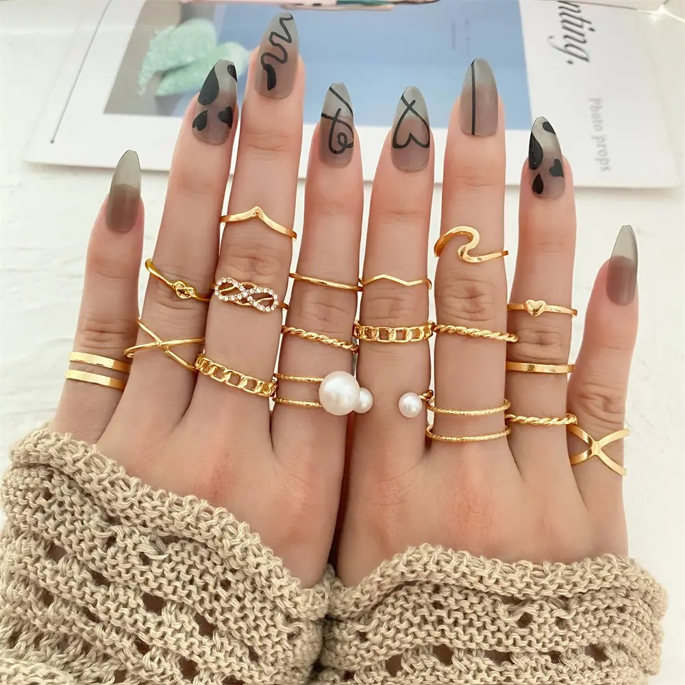 New Hot Selling 19pcs Fashion Gold Rings Sets for Women Pearl Chain minimalist Women Ring Set Jewelry