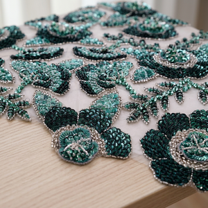 Emerald Teal Sequin Floral Hand-Embellished Beaded Polyester/Metallic Fabric Woven <b>Lace</b> Metallic Feature for Wedding/Special - Product Image 2