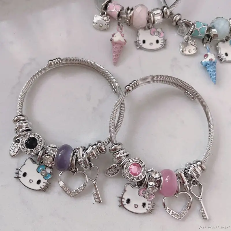 Crystal Hello Kitty Pendant Charm Bracelet Personality Girl Gift Jewelry Bracelet Stainless Steel Female Bracelet