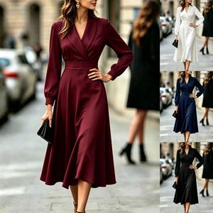 Nouvelle Arrivée Robe Femme Col Tailleur Manches Longues Taille Cintrée Longueur Mi-Mollet Grande Ampleur Élégante et Raffinée - Product Image 6