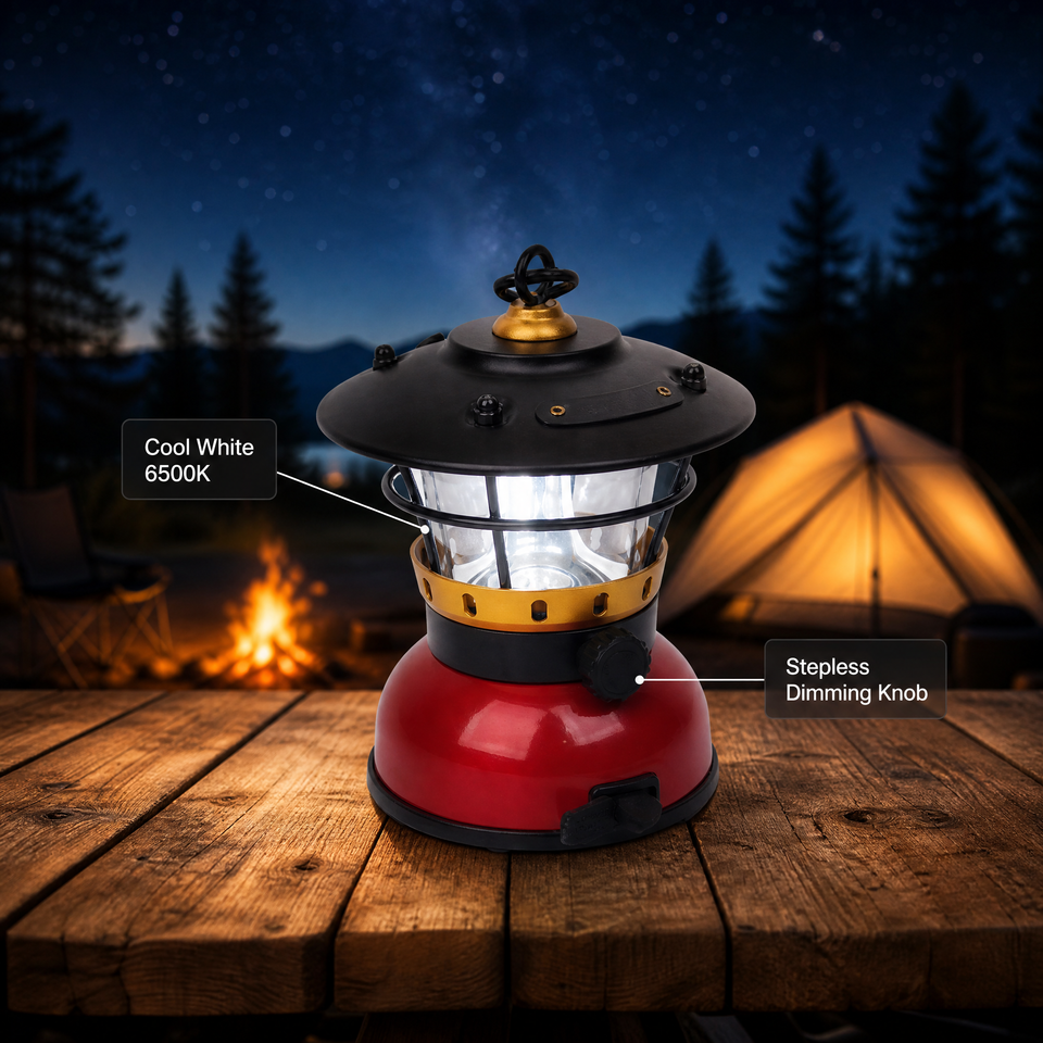 Vintage LED-Campinglaterne – Tragbare Tischlampe, Warmes Licht, Mit Griff, PP+PET, 6,7×6×13,1 Cm, Inkl. Batterien