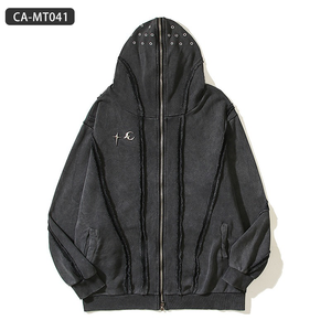 Thug Club Vibe Chaqueta de marca de moda para hombre 100% algodón Moda lavado Wax-Dye Zip-Up Shark Mask Hoodie - Oversized Streetwear - Product Image 3