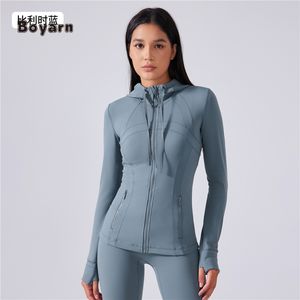 Boyarn Women Regular Fit Sportswear Fitness Blazer Lace up Sweatshirt <b>Thumb</b> <b>Hole</b> Design Zipper Pocket <b>Hoodies</b> Seamless - Product Image 1