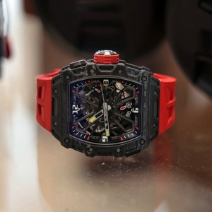 Black Carbon Fiber Tonneau Skeleton Men's Watch Red Silicone Strap <b>Automatic</b> Mechanical Sports <b>Wristwatch</b> - Product Image 4