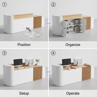 Bureau de réception double poste de travail moderne en bois, design luxueux et courbé, éco-responsable et durable, idéal pour les centres commerciaux et supermarchés