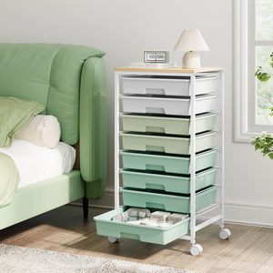 Chariot de rangement avec 8 tiroirs, chariot utilitaire avec tiroirs et plateau en bois, chariot de rangement roulant, utilitaire avec tiroirs, organisateur - Product Image 1