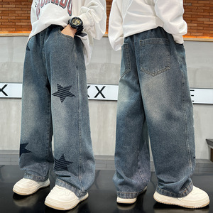 Vêtements pour enfants, jeans imprimés teints en pièce pour garçons, nouvelle mode 2025, style tendance, pantalon long ample pour grands enfants - Product Image 1