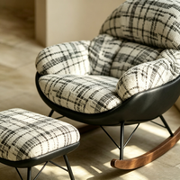 Fauteuil à bascule Japandi moderne avec ottoman, tissu écossais noir et blanc, fauteuil cocon pivotant, chaise longue haute