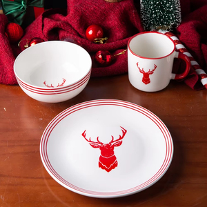 Service de table en céramique et grès personnalisé, motif rouge professionnel, pour Noël : assiettes, bols, tasses – Cadeau portable pour les fêtes - Product Image 1