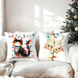 可爱的猫咪被彩灯环绕，装饰着舒适的节日枕头，为圣诞节增添欢乐气氛。 - Product Image 3