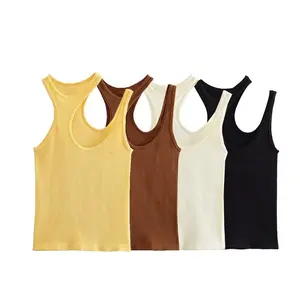 TAOP & ZA 2023 nouvelles femmes col rond mode bandoulière serré ouverture conception camisole tricoté haut court 7901362