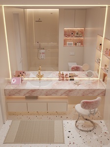 Natural luxury pink marble hotel style intelligent lighting <b>mirror</b> <b>wall</b> hanging bathroom cabinet - Product Image 3