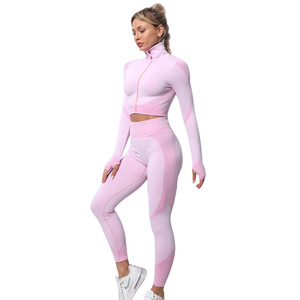 Solide mode 3D nid d'abeille conception taille haute séchage rapide à manches longues 2 pièces costume femmes ensembles de <span class=keywords><strong>yoga</strong></span> - Product Image 1