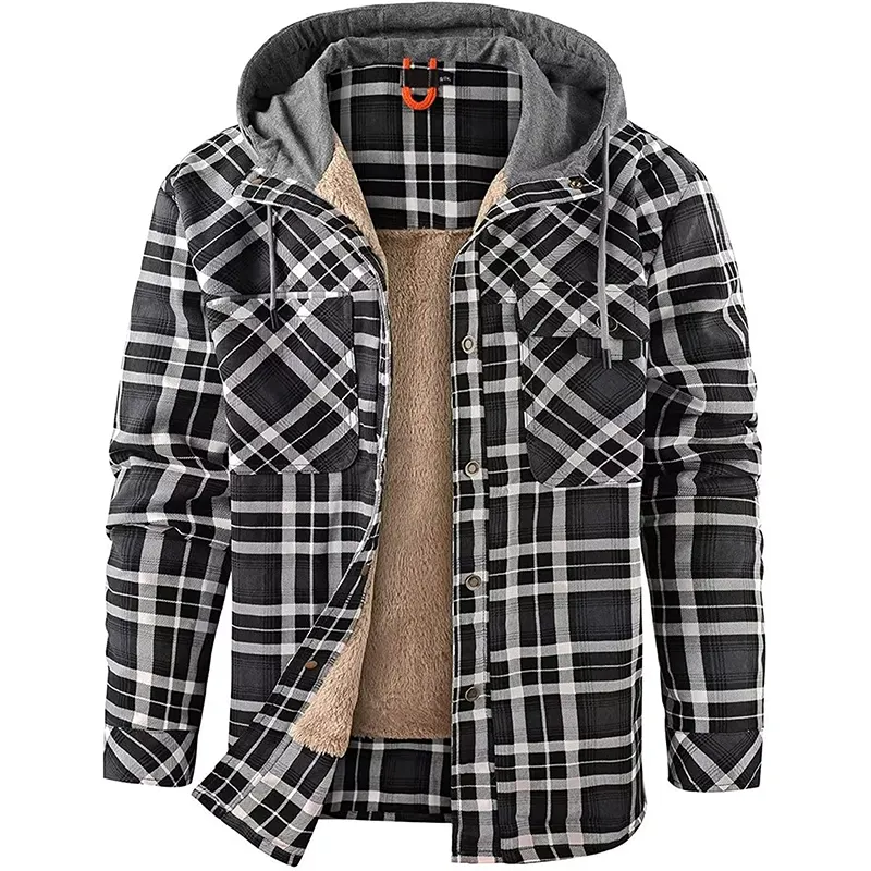 Men's Flannel Jacket Cotton Plaid Fleece Hoodies Coat Button Down Windproof and Warm Winter Outdoor Casual Long Sleeve Shirts