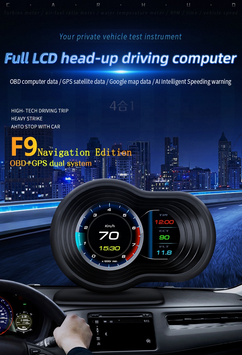 Автосигнализации F9 OBD2 Автомобильный GPS HUD Дисплей диагностический инструмент для измерения температуры воды цифровая система для универсальной камеры автомобиля