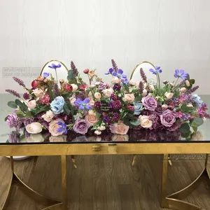 Artificial Wedding Props Purple Flowers Runners Flower Rows Artificial Flowers Table Runner For Wedding Decoration