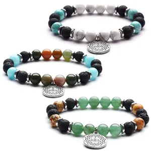 Bestone Wholesale 8mm Natural Gemstone Beads Bracelets OM Lotus Charm Yoga Bracelet