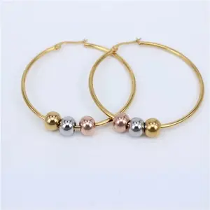 3 Tone 50Mm High Polished Gold Filled Beads Hoop Earrings 14K Gold Plated Charms Big Hoop Women Huggie Earrings /