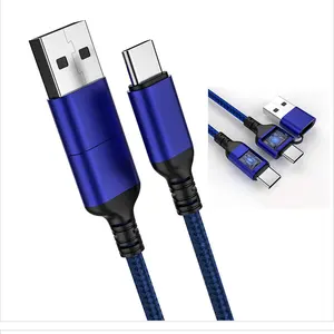 2 in 1 USBA USB C tipi C 3A hızlı şarj kablosu naylon örgülü 480Mbps veri kabloları için cep telefonu HUAWEI Xiaomi vivo OPPO