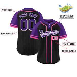 Maillot de softball personnalisé noir à rayures violet-rose, manches raglan, authentique, à deux boutons - Product Image 2