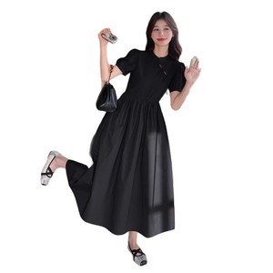 Blue Traditional Chinese Dress Women Puff Sleeves Chinese Knot Buttons Solid Color Polyester Long Skirt Elegant Style - Product Image 5