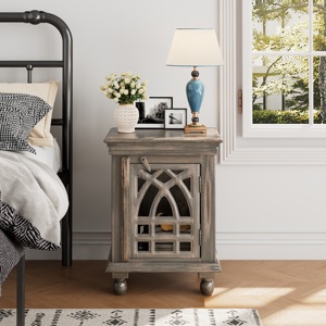 Comodino in Legno Grigio Antico con Anta Intagliata e Vano Portaoggetti per Camera da Letto - Product Image 5