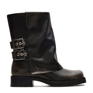 Botas de motorista de gamuza de moda de alta calidad con plataforma de pantorrilla ancha y punta cuadrada y tacón grueso con hebillas para mujer - Product Image 1