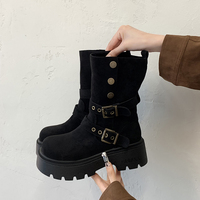Bottines à plateforme pliables pour femmes, en daim, avec double boucle, fermeture éclair latérale, semelle à crampons, bottes de combat, 2 couleurs