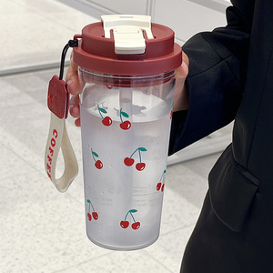 Cherry Puppy Plastic Water Cup With Lid And Strap Cherry Pattern Large Capacity Portable Drinkware For Daily Use - Product Image 2