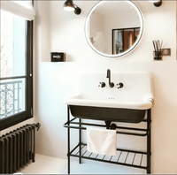 Meuble de salle de bain avec évier en acier personnalisé, pieds noirs, sur pied, à fixer au mur, support de lavabo, console, hôtel boutique, vintage