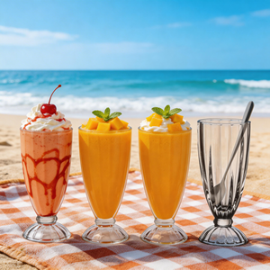 Verres à boire à rayures côtelées style fontaine à l'ancienne pour milk-shake, soda, glace, sundae, dessert, jus et cocktail - Product Image 1