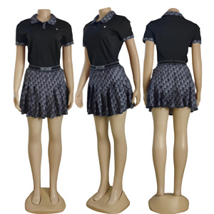 Nuovo Completo Estivo da Donna con Top Polo e Minigonna, Design Stampato, Colletto Rovesciato, Manica Corta, Casual, Due Pezzi con Gonna Plissettata - Product Image 2