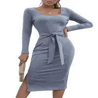 Женская блуза с длинным рукавом квадратный весеннее-летнее платье, облегающее платье с завязкой на талии в рубчик Slim Fit трикотажная миди для длинное трикотажное платье