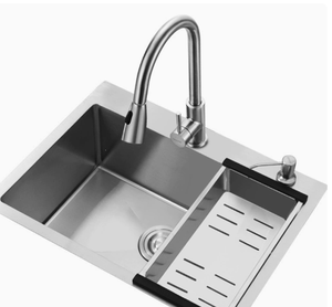 Robinet d'évier de cuisine en acier inoxydable à cuve unique avec douchette extractible et fixation magnétique, design moderne, finition satinée - Product Image 1