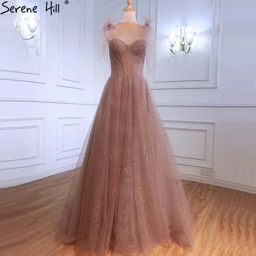 Serene Hill 2021 Pink Glitter Elegant Evening Prom Dresses Tulle A Line Spaghetti Strap Party Wear Long Gowns For Women LA70920