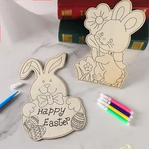 Pendentifs de pâques en bois sculpté au Laser pour enfants, 12 pièces, bricolage, œufs colorés, dessin animé, lapin, décorations de vacances de pâques