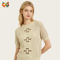 Suéter Corto de Punto para Mujer CG Custom, con Bordado Floral 3D, Diseño Calado, Estilo Cottagecore